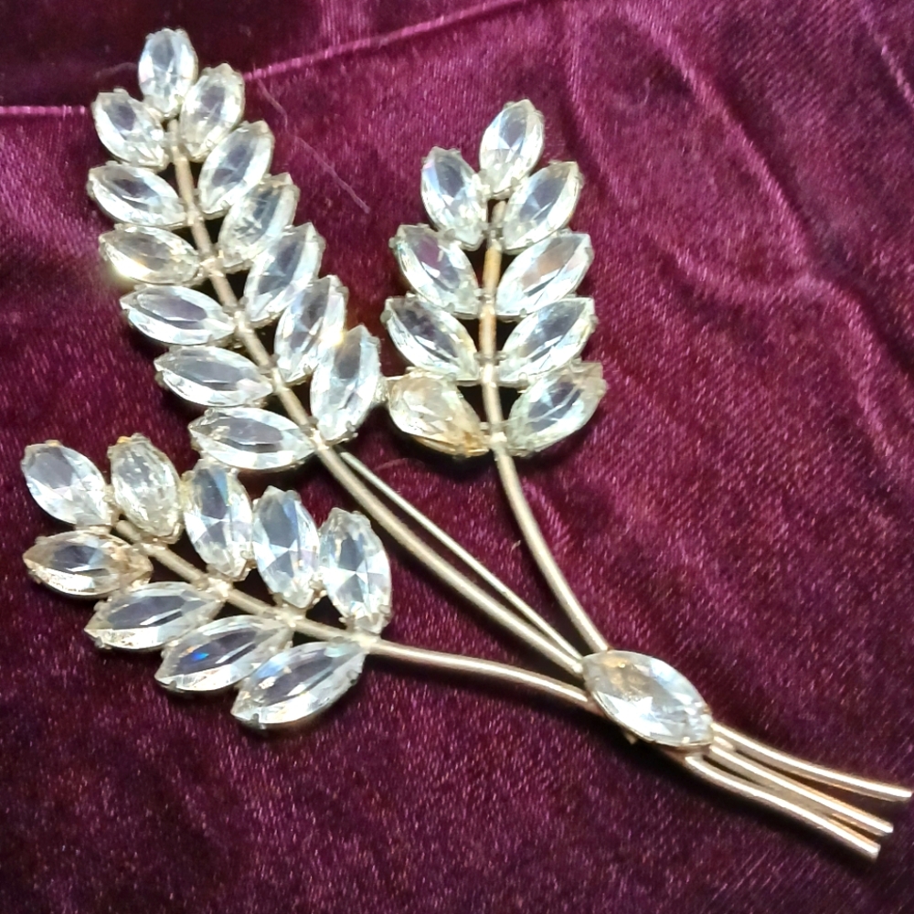 LARGE Vintage 5" Long Rhinestone Leaves Brooch Pin Crystal Marquee Stones